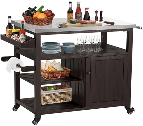 63.5 "Outdoor Kitchen Island With Foldable Side Table, Large Storage Grill Cart With Storage Stand And Bottle Opener, For Patio BBQ, Outdoor Cooking, Dark Brown