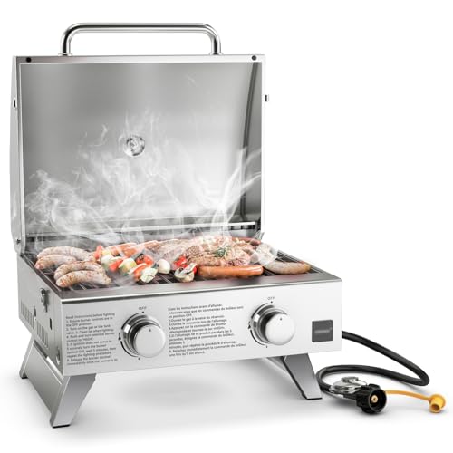 HAPPYGRILL 2Burner Portable Gas Grill with Lid, 20,000 BTU Stainless